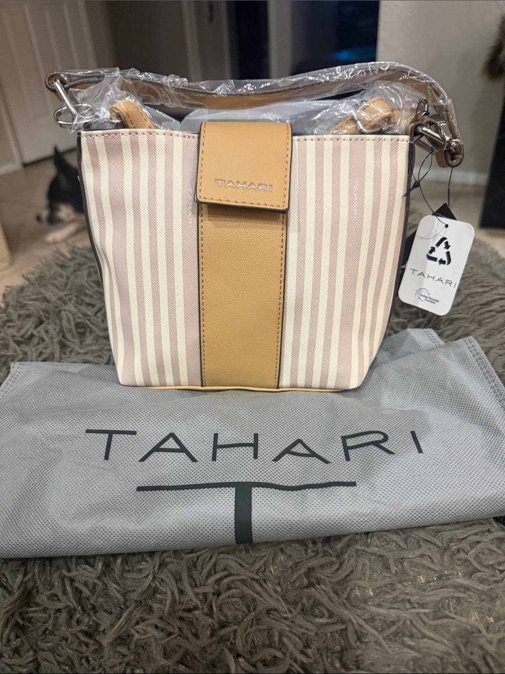 Tahari Cream and Tan Striped Crossbody Bucket Bag with Center Tan Panel
